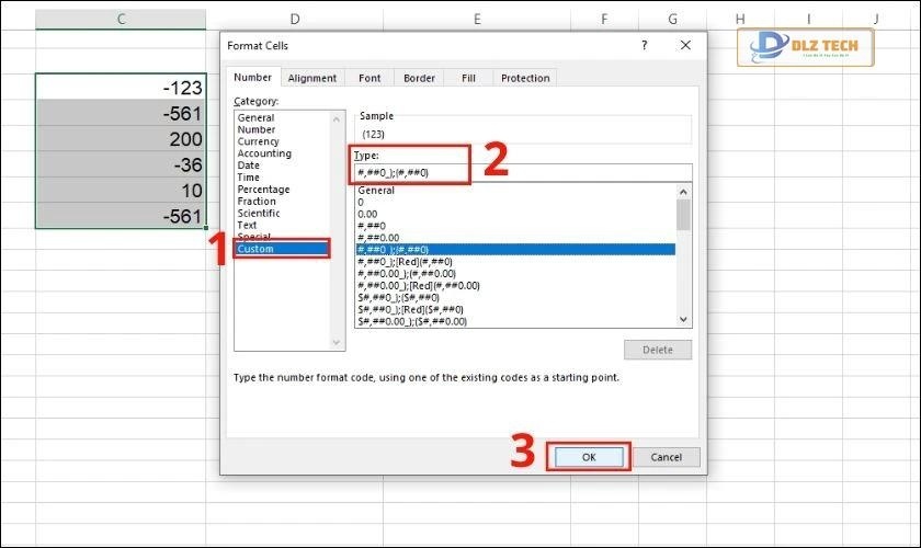 cài đặt định dạng kiểu số âm