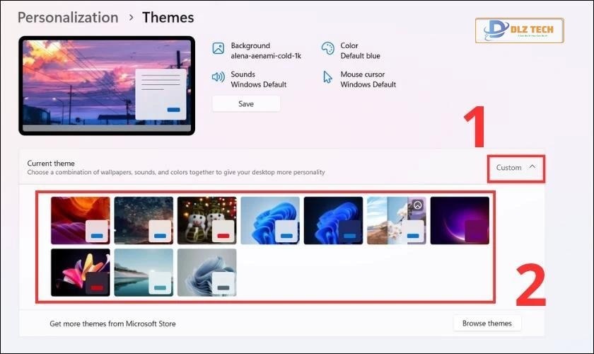 Chọn vào Custom để xem các theme