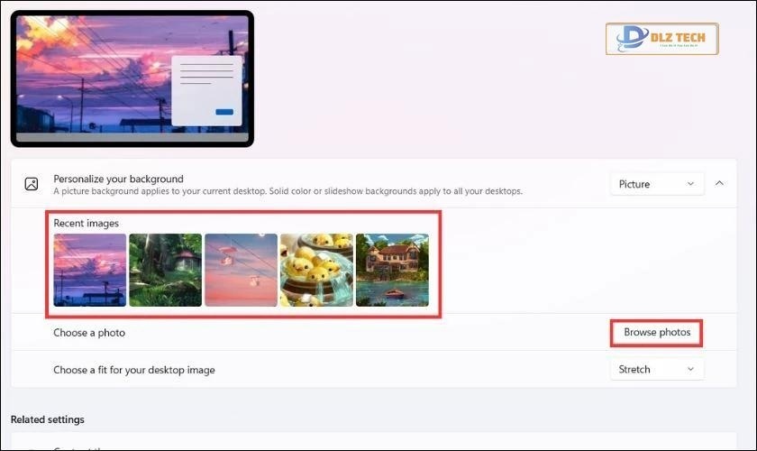 Chọn ảnh nền qua Recent images hoặc Browse photos