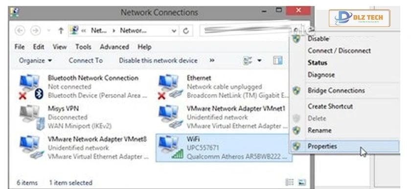 click chuột phải vào adapter mạng bạn muốn thay đổi địa chỉ IP