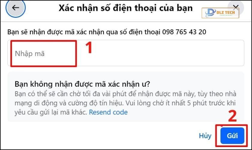 Nhập mã xác thực được Facebook gửi đến số điện thoại mới