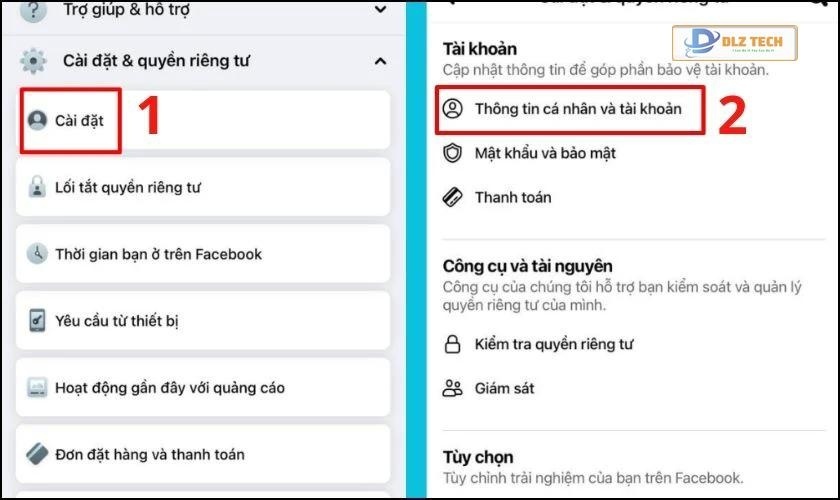 Chọn Thông tin tài cá nhân và tài khoản