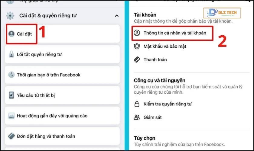 Chọn Thông tin cá nhân và tài khoản