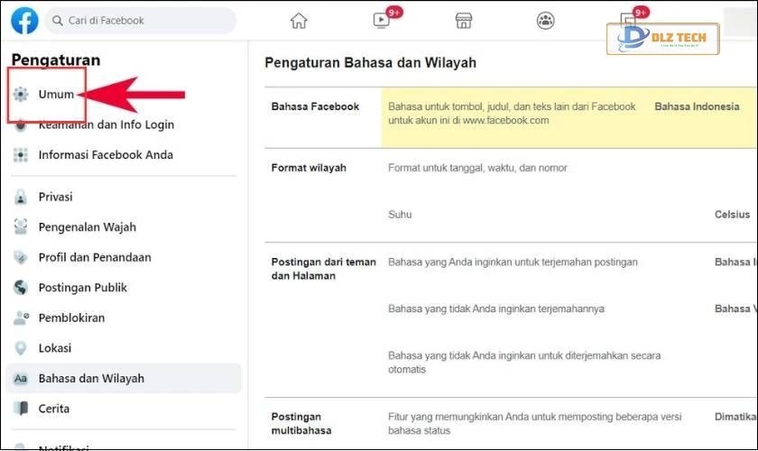 Chọn vào mục Umum (Cài đặt)