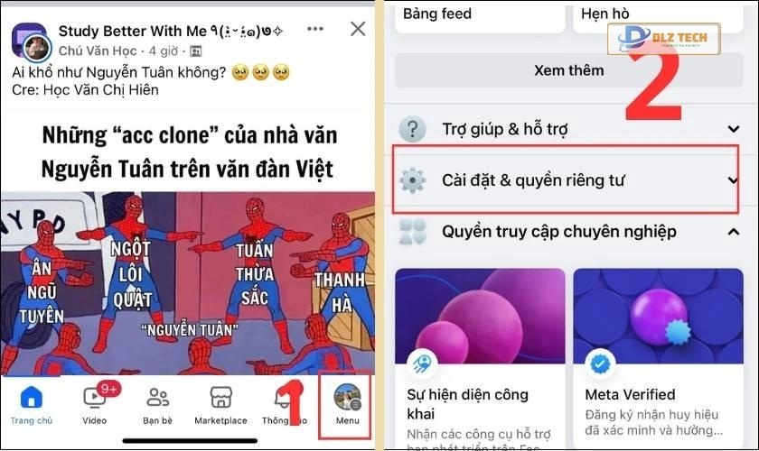 Mở Facebook vào mục Menu