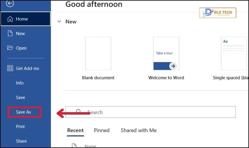 Chọn vào Save As trên giao diện Word