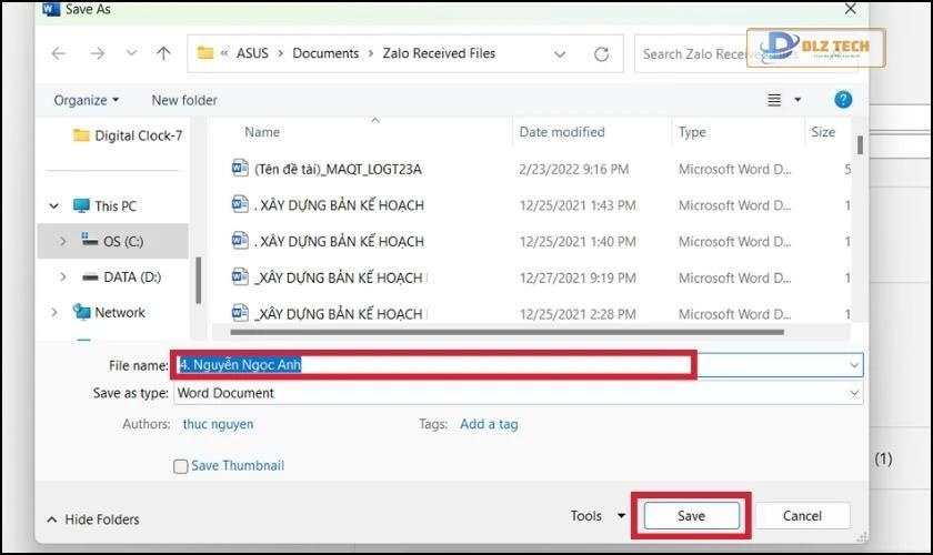 Chỉnh sửa tên file Word và lưu lại