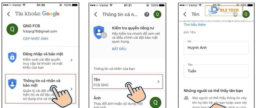 Cách thay đổi tên tài khoản gmail trên điện thoại qua ứng dụng Gmail