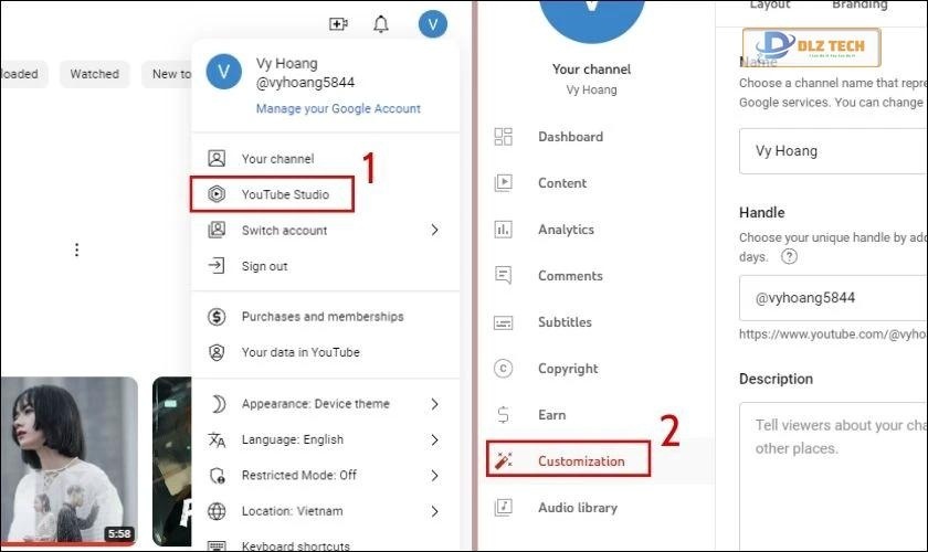 Chọn YouTube Studio và lệnh Tùy chỉnh