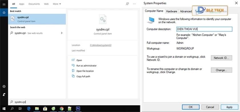 sysdm.cpl là lệnh hỗ trợ thay tên thiết bị
