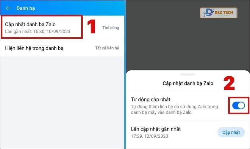 Nhấn vào Cập nhật danh bạ Zalo