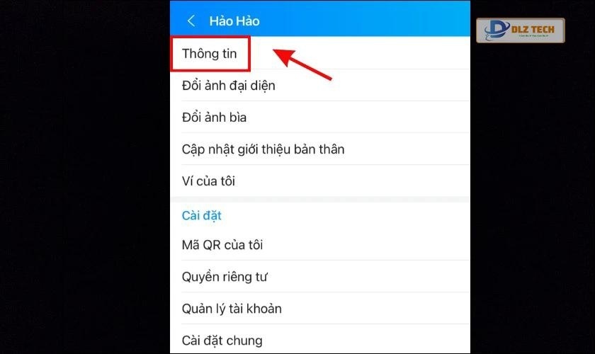 Chọn vào phần Thông tin trong bảng danh mục của giao diện vừa hiển thị