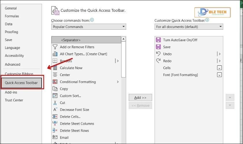 Chọn vào Quick Access Toolbar