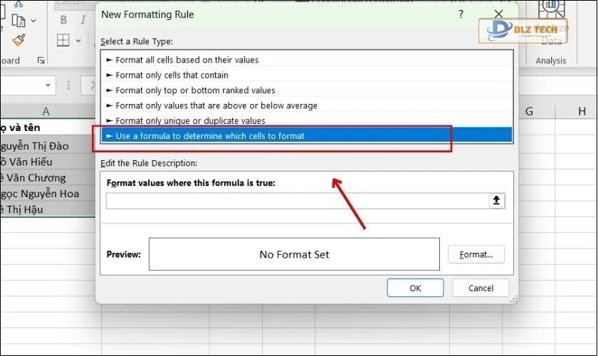 Chọn Use a formula to determine which cells to format