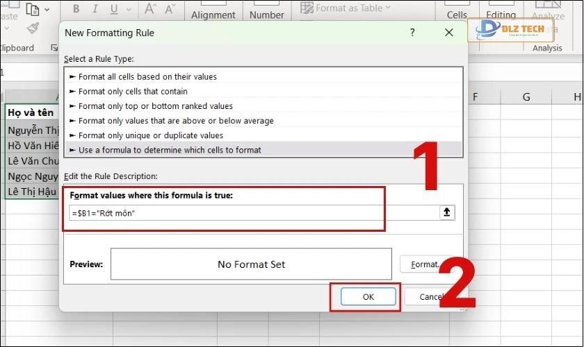 Nhập điều kiện gạch ngang giữa chữ trong Excel 