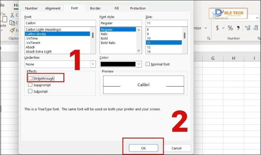 Bỏ chọn Strikethrough để bỏ gạch ngang chữ trong Excel 