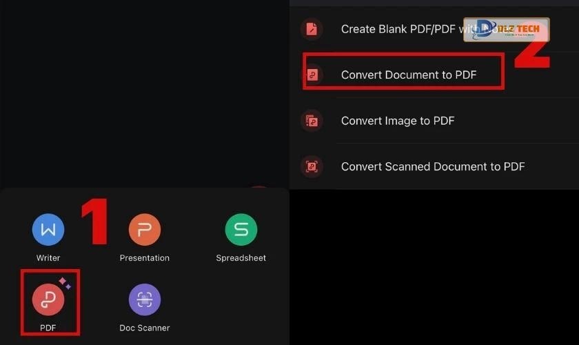 Nhấn vào mục PDF và chọn Convert Document to PDF