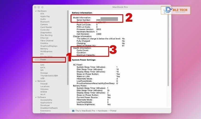 Các thông tin về tình trạng pin của máy 