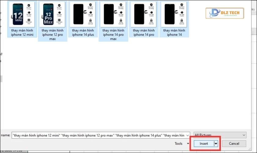 Chọn insert nhiều ảnh vào Excel