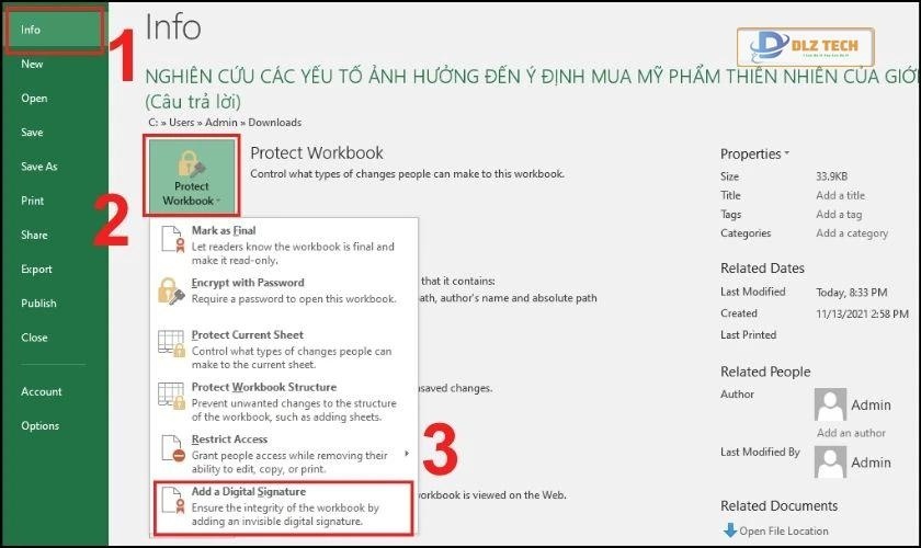 Chọn Info và chọn mục Protect Workbook