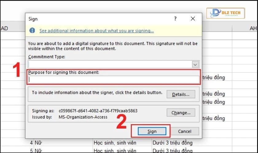 Điền các thông tin chữ ký 