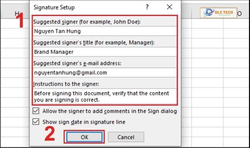 Nhập các mục thông tin chữ ký 