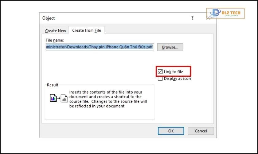 Tích chọn Link to File