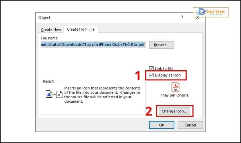 Chọn Display as Icon
