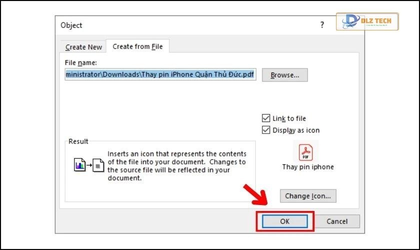 Nhấn OK để chèn PDF