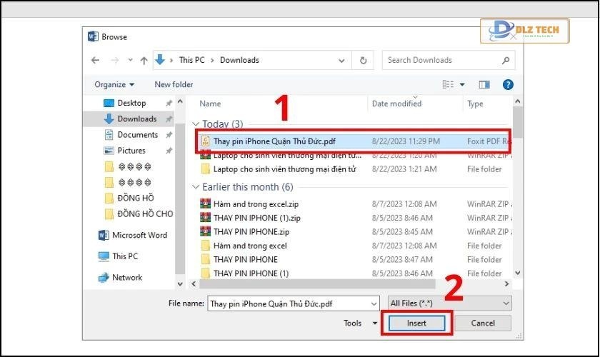 Chọn file PDF và nhấn Insert