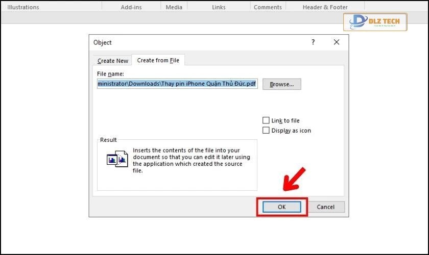 Nhấn OK để chèn PDF vào Word