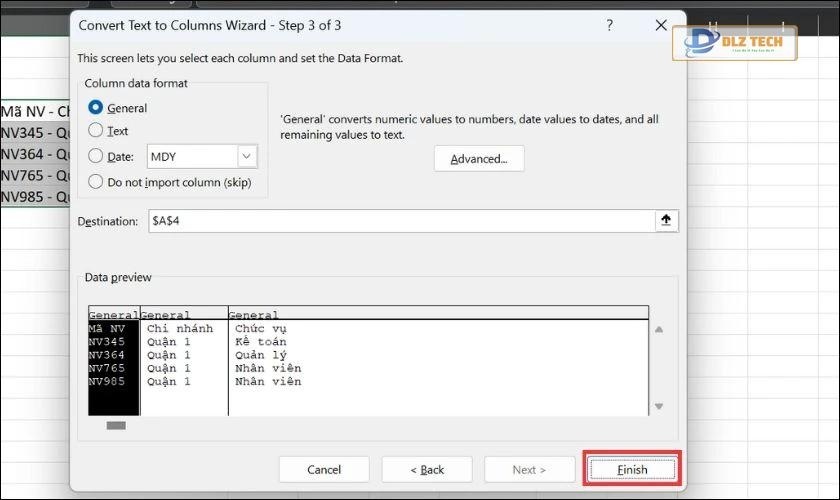 Nhấn Finish để kết thúc