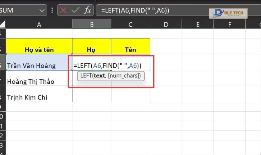 Nhập hàm LEFT để chia cột trong Excel