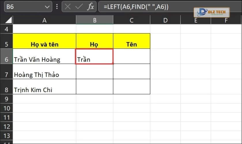 Kết quả sau khi tách cột Họ