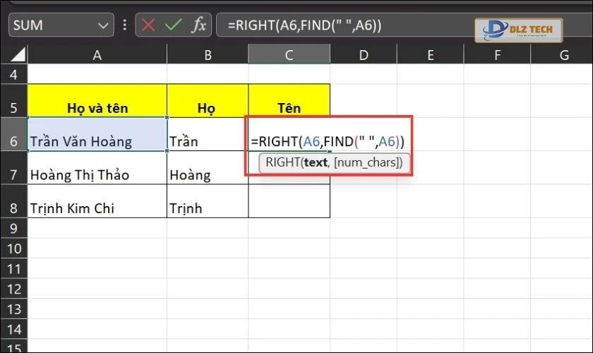 Cách sử dụng hàm RIGHT để chia cột trong Excel