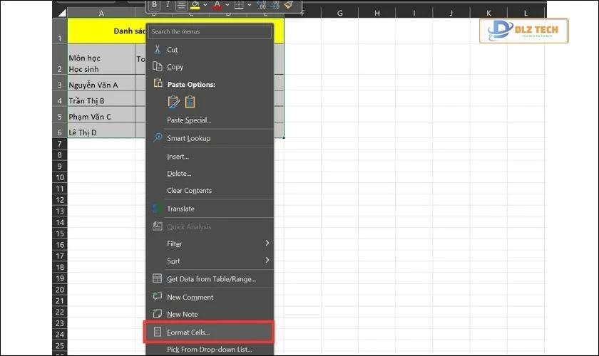 Nhấn chuột phải chọn Format Cells