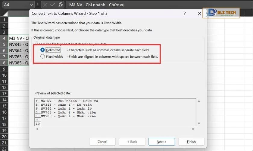 Chọn vào mục tách cột dựa trên ký tự phân tách
