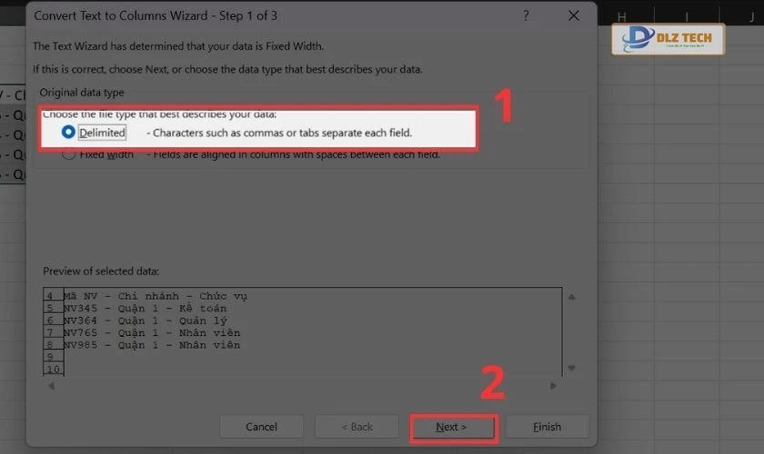 Tích vào ô Delimited sau đó chọn Next