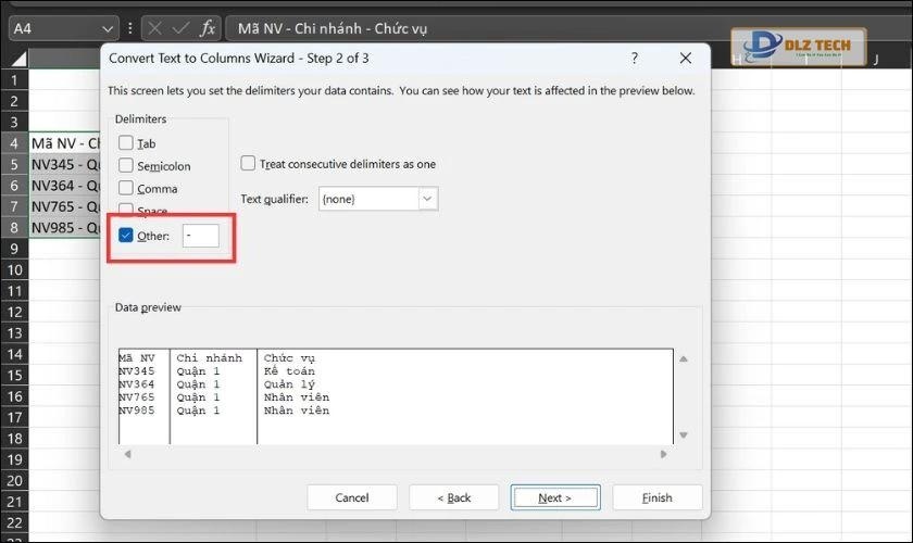 Chọn ô Other và dấu gạch ngang