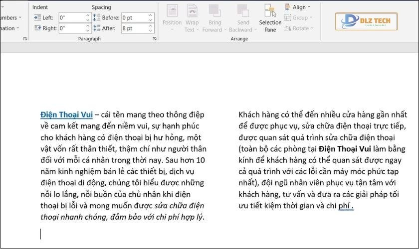 cách chia văn bản thành 2 cột