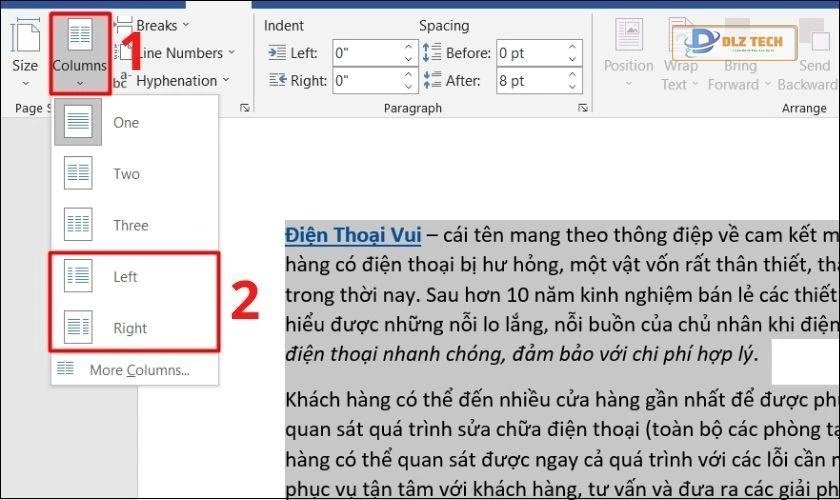 cách chia văn bản thành 2 cột