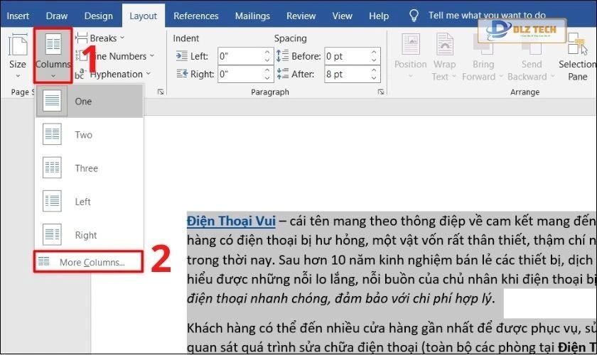 cách chia văn bản thành 2 cột