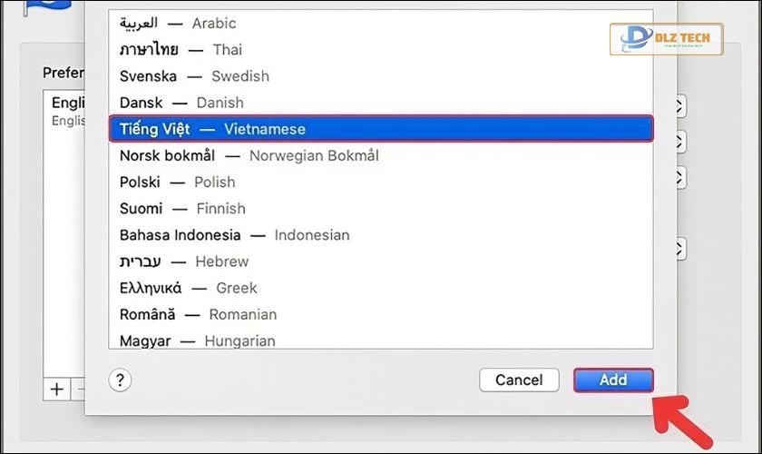 Nhấn tiếp Add để thêm ngôn ngữ bạn muốn