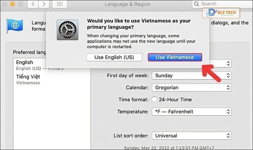 Chọn Use Vietnamese để sử dụng tiếng Việt