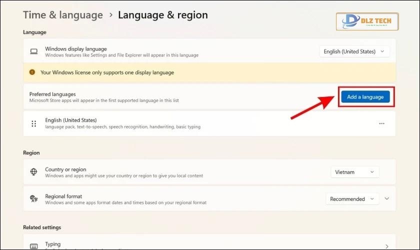 Chọn Add a language để thêm ngôn ngữ
