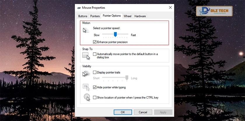 chỉnh tốc độ chuột win 10 bằng cách quan tâm tới Pointer Options