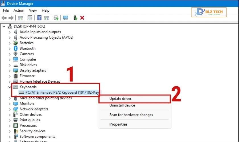Vào Keyboard bấm chuột phải rồi Update Driver.