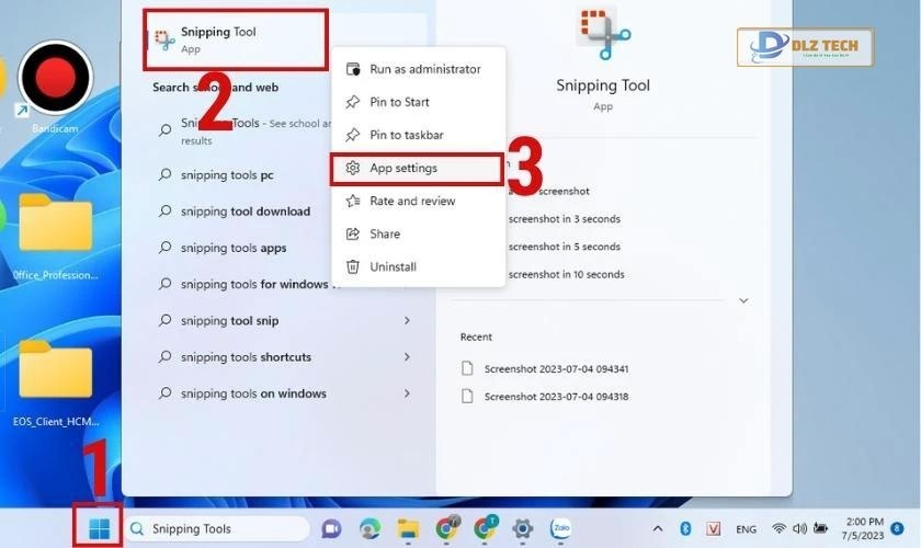 Tìm kiếm app Snipping Tools và nhấn chuột phải chọn App settings