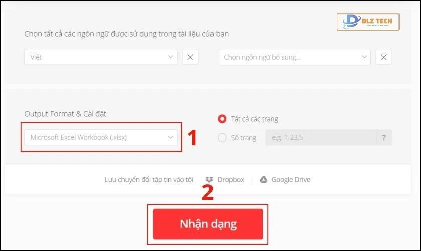 lựa chọn định dạng file xlxs