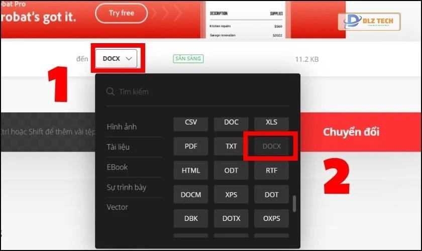 Chọn định dạng đầu ra trong Convertio